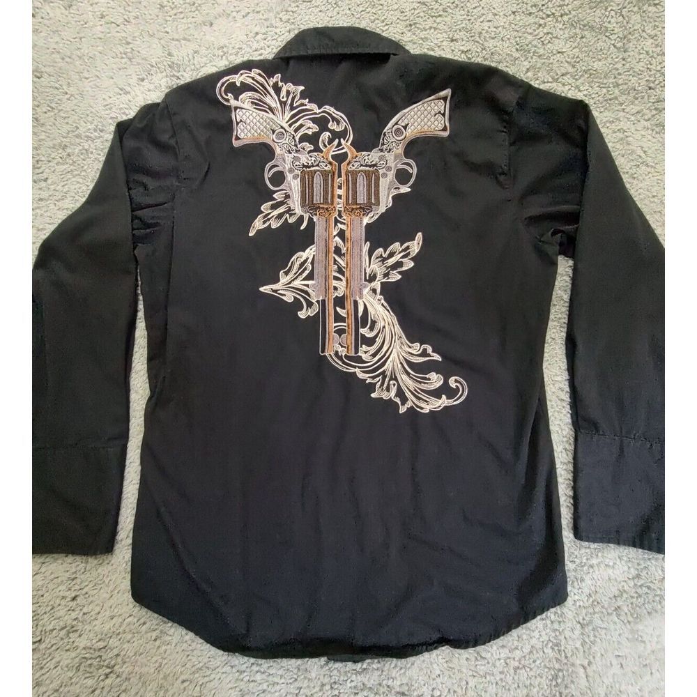 Roper Embroidered Shirt Men's L Guns Pistols Smile Pockets Black Snap Western - Picture 8 of 11